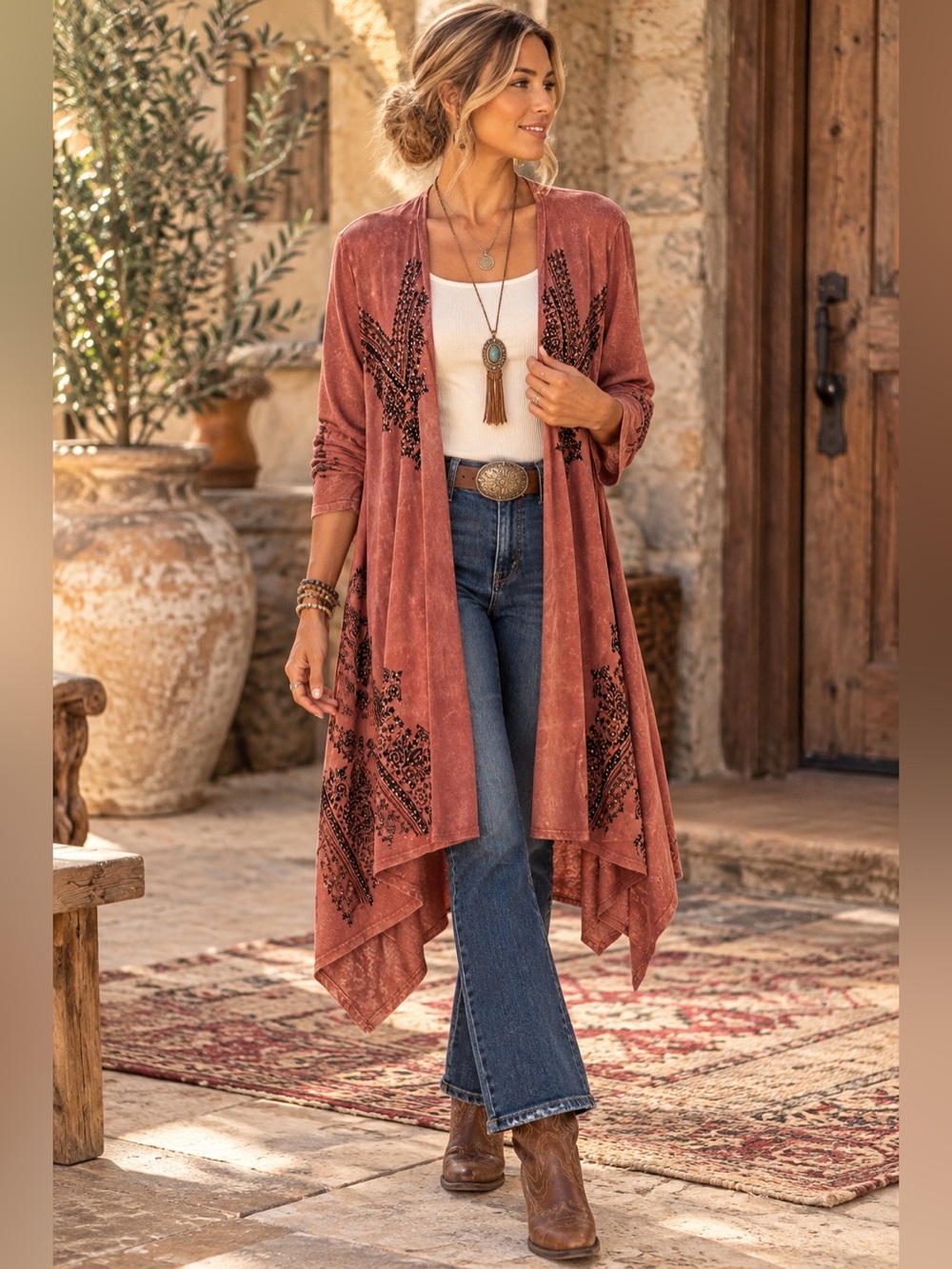 Vocal XL Boho Western Duster Kimono Embellished Mineral Wash Handkerchief Hem